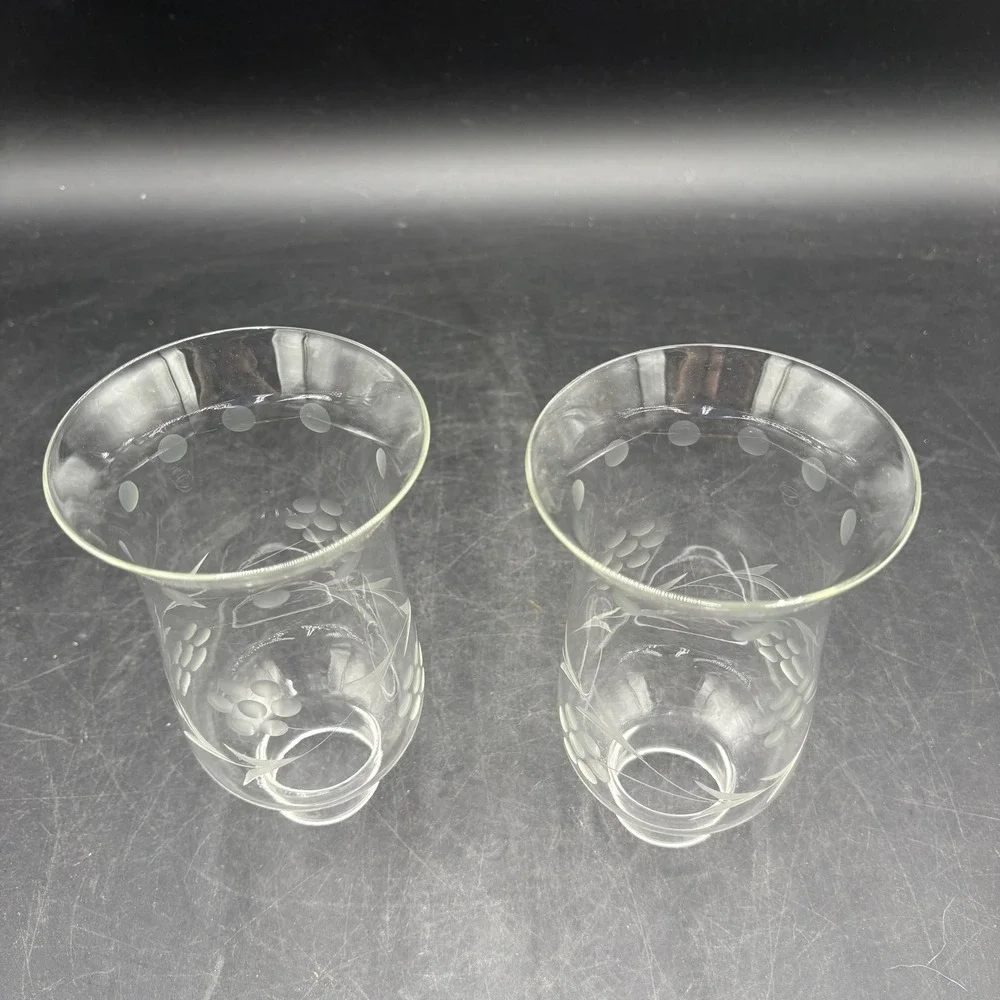 Vtg Etched Glass Hurricane Votive Grape & Vine Bell Chimney 2pc Replacements